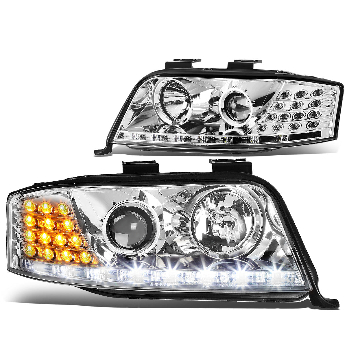 FAROS 02-04 AUDI A6, A6 QUATTRO FACELIFTED MODELS - DOES NOT FIT MODELS WITH OEM XENON HID HEADLIGHTS - ONLY FITS MODELS WITH FACTORY HALOGEN HEADLIGHTS - DOES NOT FIT 4.2L V8 MODELS - LED DRL - PROJECTOR - CHROME HOUSING / CLEAR LENS / AMBER SIGNAL