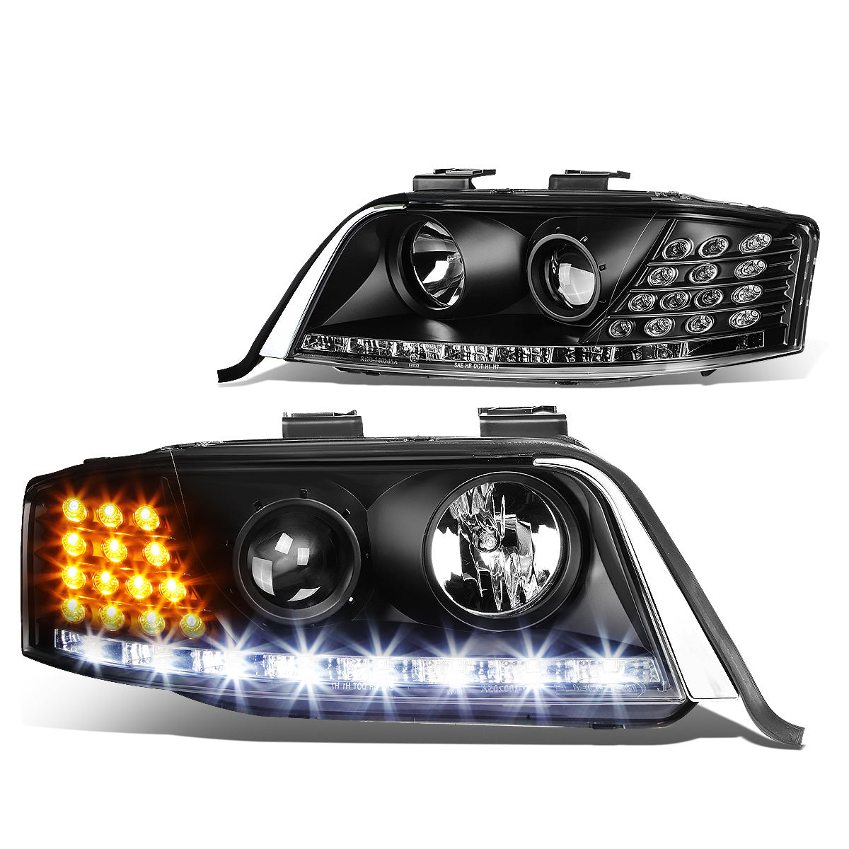FAROS 98-01 AUDI A6, A6 QUATTRO - DOES NOT FIT MODELS WITH OEM XENON HID HEADLIGHTS - ONLY FITS MODELS WITH OEM HALOGEN HEADLIGHTS - LED DRL - PROJECTOR - BLACK HOUSING / CLEAR LENS / AMBER SIGNAL