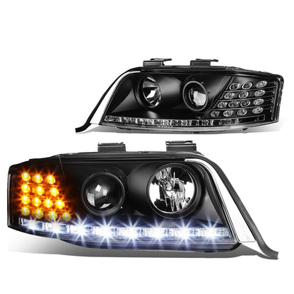 FAROS 98-01 AUDI A6, A6 QUATTRO - DOES NOT FIT MODELS WITH OEM XENON HID HEADLIGHTS - ONLY FITS MODELS WITH OEM HALOGEN HEADLIGHTS - LED DRL - PROJECTOR - BLACK HOUSING / CLEAR LENS / AMBER SIGNAL