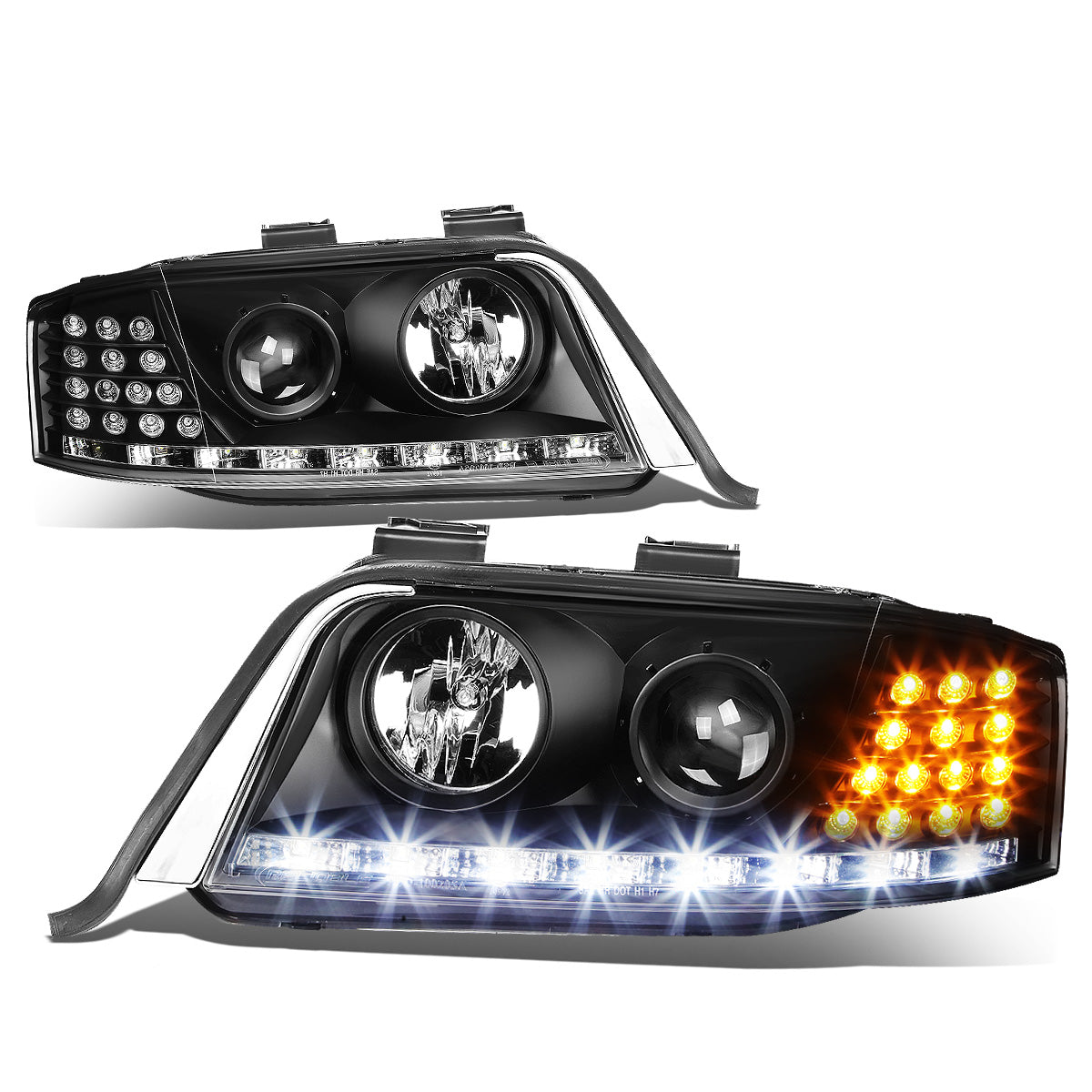 FAROS 98-01 AUDI A6, A6 QUATTRO - DOES NOT FIT MODELS WITH OEM XENON HID HEADLIGHTS - ONLY FITS MODELS WITH OEM HALOGEN HEADLIGHTS - LED DRL - PROJECTOR - BLACK HOUSING / CLEAR LENS / AMBER SIGNAL