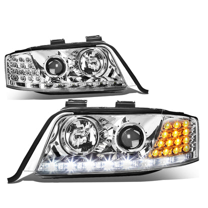 FAROS 98-01 AUDI A6, A6 QUATTRO - DOES NOT FIT MODELS WITH OEM XENON HID HEADLIGHTS - ONLY FITS MODELS WITH OEM HALOGEN HEADLIGHTS - LED DRL - PROJECTOR - CHROME HOUSING / CLEAR LENS / AMBER SIGNAL