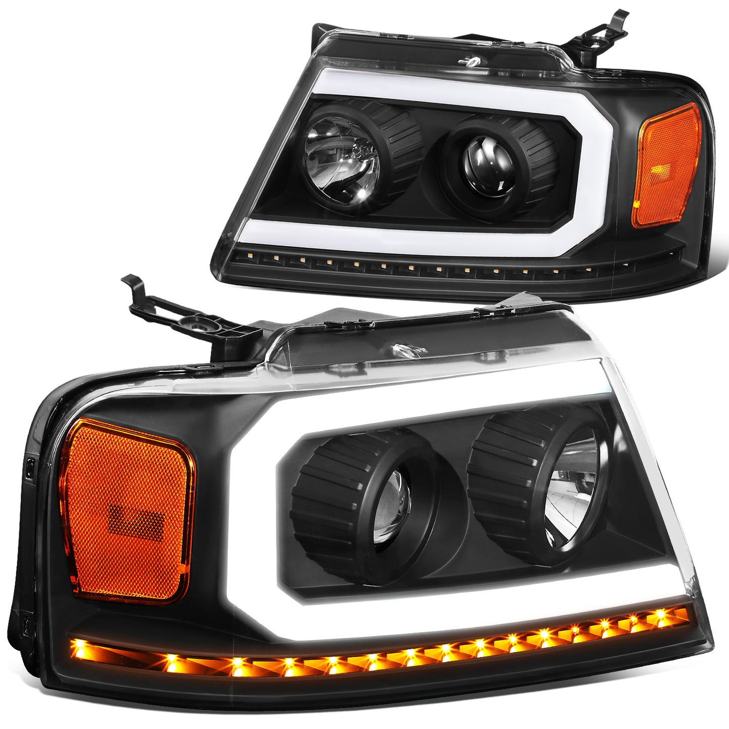 FAROS 04-08 FORD F-150 / 06-08 LINCOLN MARK LT - LED DRL - PROJECTOR - SEQUENTIAL LED TURN SIGNAL - BLACK HOUSING / AMBER CORNER