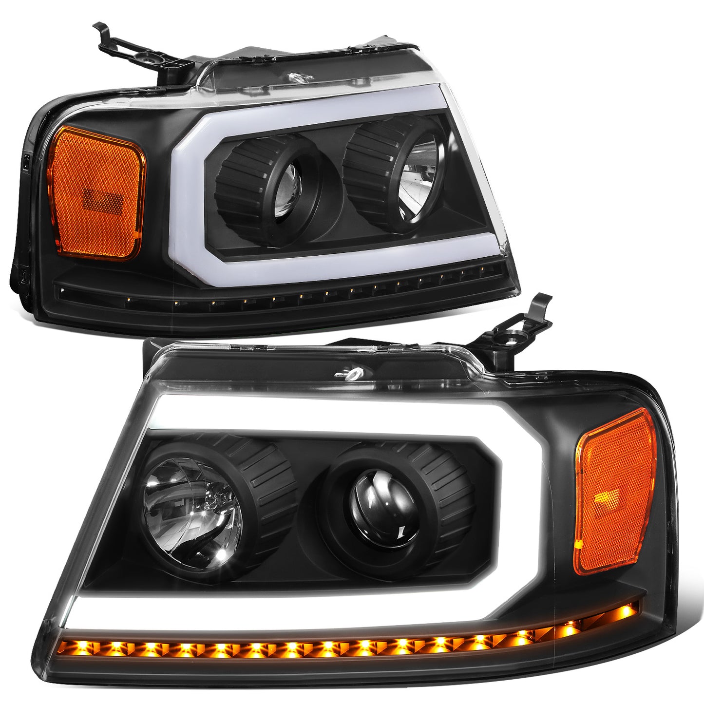 FAROS 04-08 FORD F-150 / 06-08 LINCOLN MARK LT - LED DRL - PROJECTOR - SEQUENTIAL LED TURN SIGNAL - BLACK HOUSING / AMBER CORNER