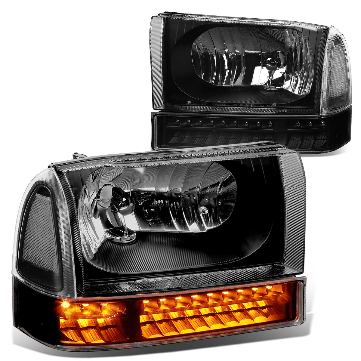 FAROS 99-04 FORD F-250, F-350 / 00-04 FORD EXCURSION 2/4-DOOR - DOES NOT FIT LIGHT DUTY MODELS OR MODELS WITH SEALED BEAM HEADLIGHTS - LED DRL - BLACK HOUSING / CLEAR CORNER - 9007 LOW BEAM / HIGH BEAM