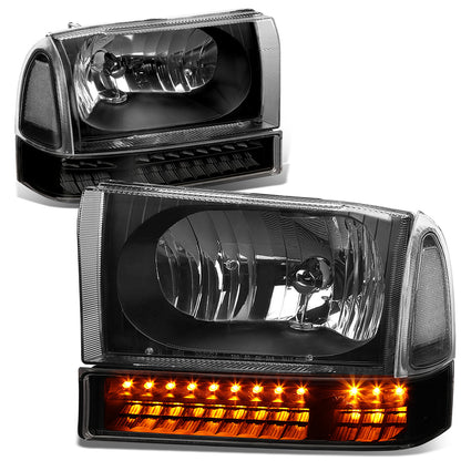 FAROS 99-04 FORD F-250, F-350 / 00-04 FORD EXCURSION 2/4-DOOR - DOES NOT FIT LIGHT DUTY MODELS OR MODELS WITH SEALED BEAM HEADLIGHTS - LED DRL - BLACK HOUSING / CLEAR CORNER - 9007 LOW BEAM / HIGH BEAM