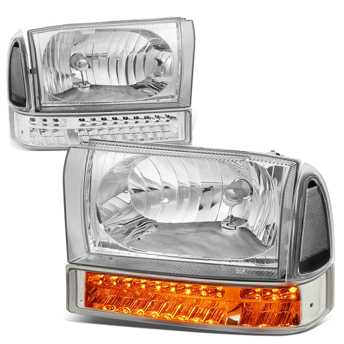 FAROS 99-04 FORD F-250, F-350 / 00-04 FORD EXCURSION 2/4-DOOR - DOES NOT FIT LIGHT DUTY MODELS OR MODELS WITH SEALED BEAM HEADLIGHTS - LED DRL - BLACK HOUSING / CLEAR CORNER - 9007 LOW BEAM / HIGH BEAM