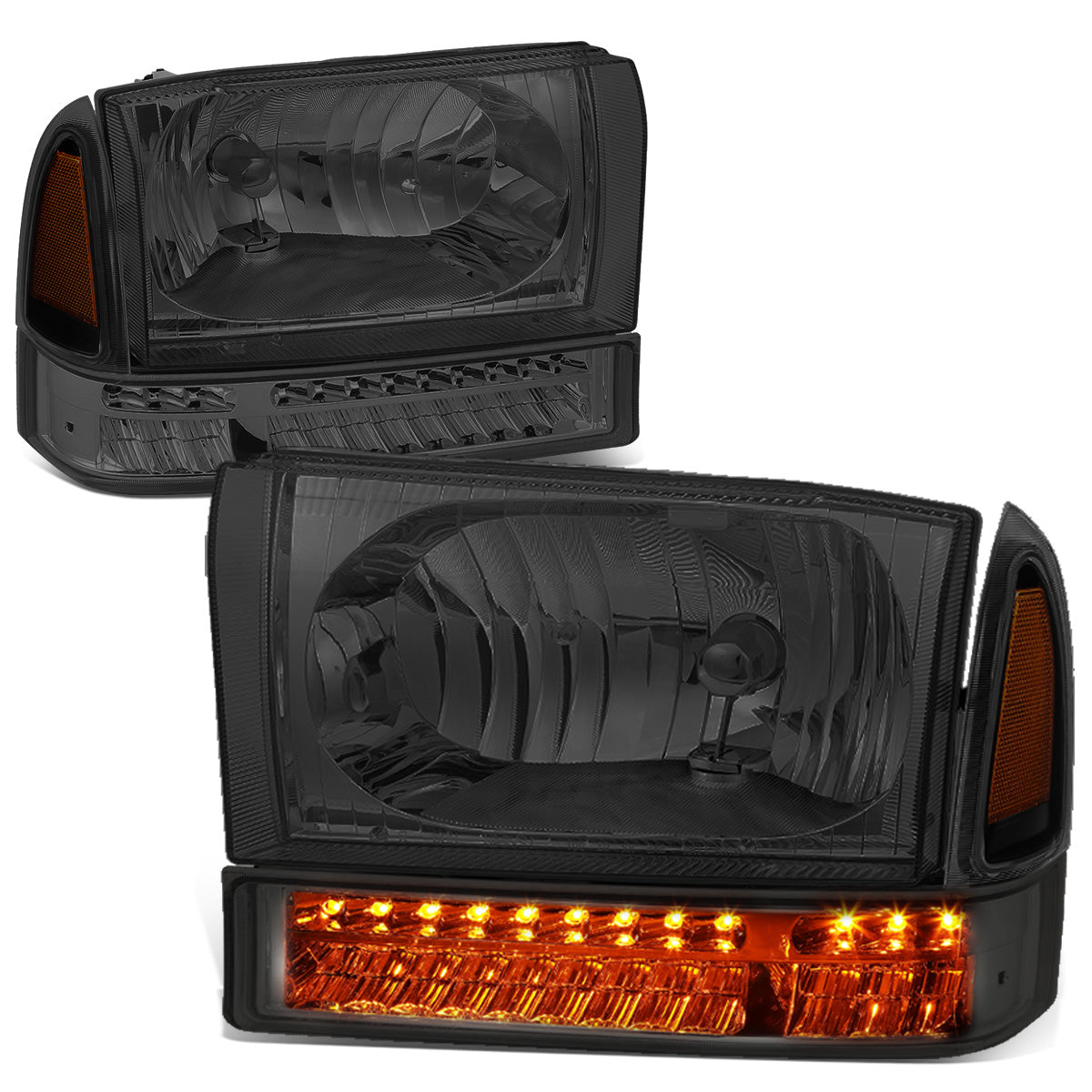 FAROS 99-04 FORD F-250, F-350 / 00-04 FORD EXCURSION 2/4-DOOR - DOES NOT FIT LIGHT DUTY MODELS OR MODELS WITH SEALED BEAM HEADLIGHTS - LED DRL - SMOKE HOUSING / AMBER CORNER - 9007 LOW BEAM / HIGH BEAM