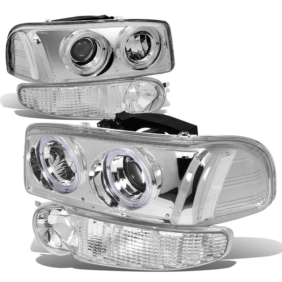 FAROS 01-06 YUKON DENALI, XL 1500 DENALI / 02-06 GMC SIERRA 1500 DENALI / 2007 GMC SIERRA 1500 DENALI 4-DOOR - FITS DENALI MODELS ONLY - LED - HALO PROJECTOR - CHROME HOUSING / CLEAR CORNER - 9005 LOW BEAM / HIGH BEAM