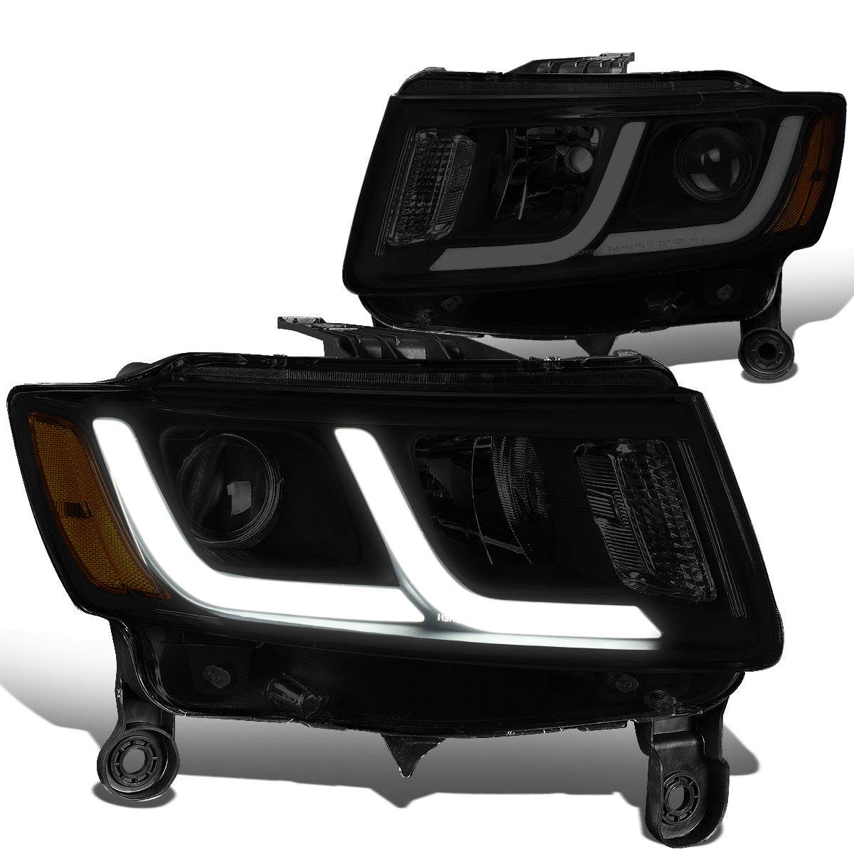FAROS 14-16 JEEP GRAND CHEROKEE PRE FACELIFT - FITS MODELS WITH HALOGEN HEADLIGHTS ONLY - PROJECTOR LOW BEAM - BLACK HOUSING / AMBER CORNER / SMOKE LENS - H1 LOW BEAM / H1 HIGH BEAM