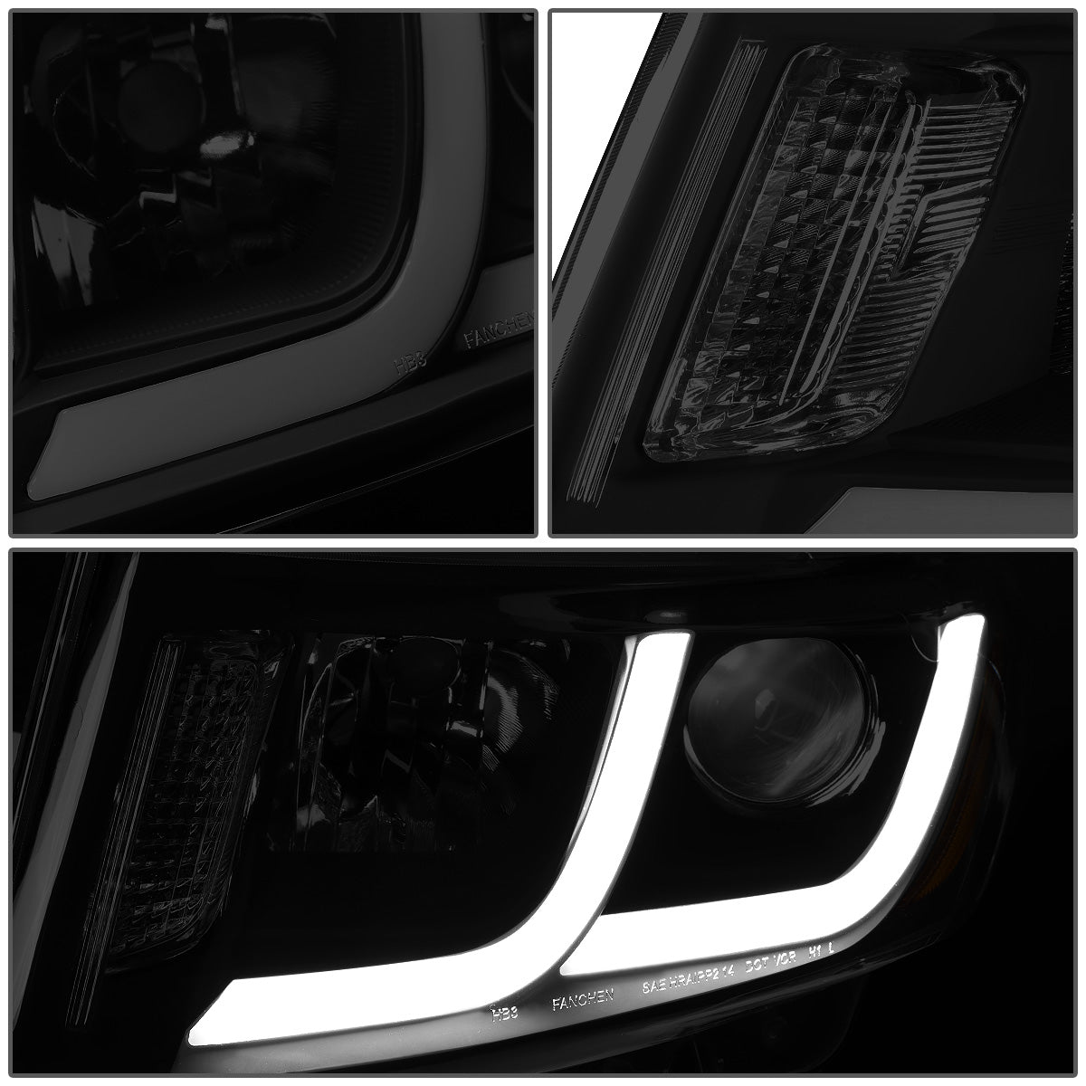 FAROS 14-16 JEEP GRAND CHEROKEE PRE FACELIFT - FITS MODELS WITH HALOGEN HEADLIGHTS ONLY - PROJECTOR LOW BEAM - BLACK HOUSING / AMBER CORNER / SMOKE LENS - H1 LOW BEAM / H1 HIGH BEAM