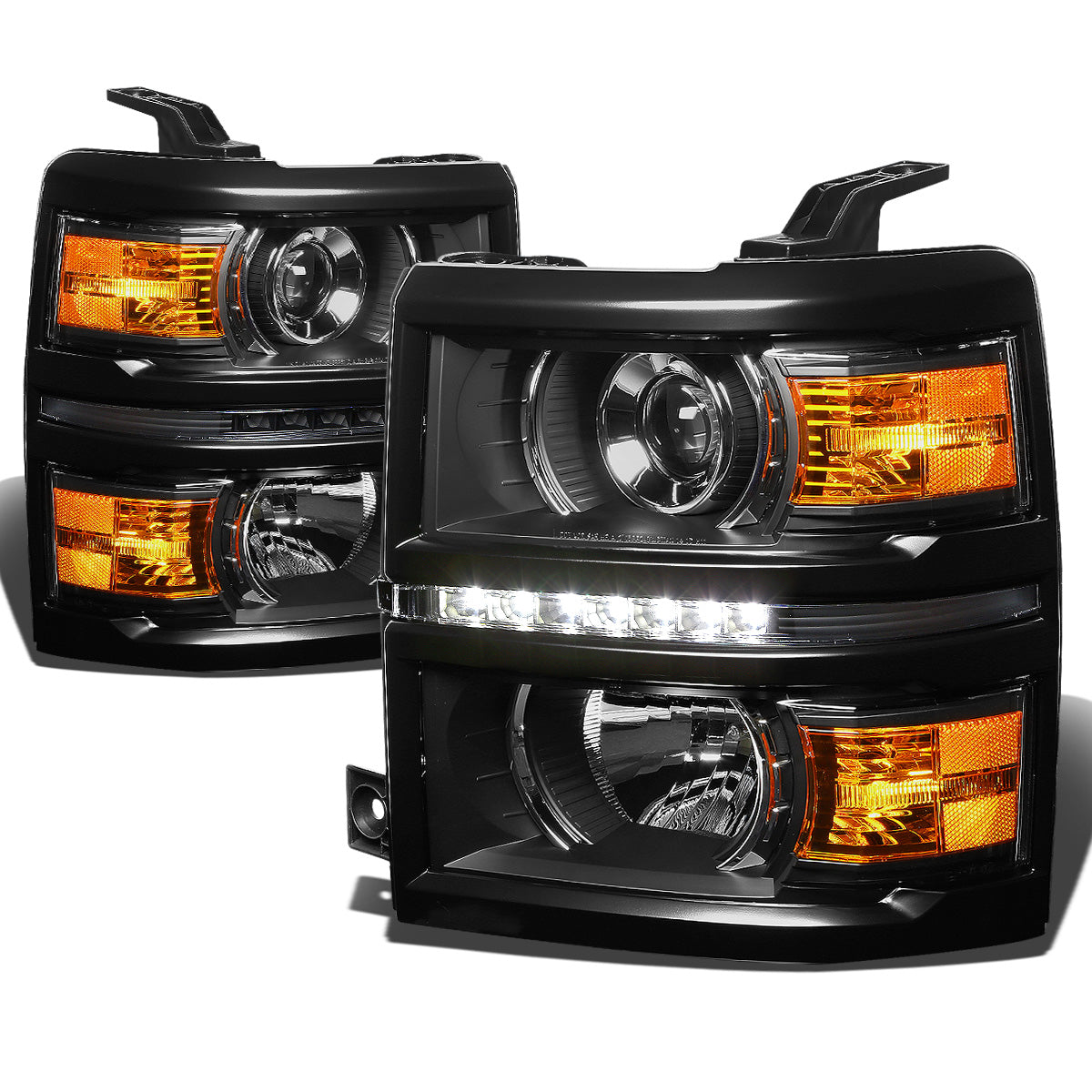 FAROS 14-15 CHEVY SILVERADO 2500 / 3500 / 14-16 SILVERADO 1500 / 2015 SILVERADO 3500 2/4-DOOR - LED - PROJECTOR - BLACK HOUSING / AMBER CORNER - H11 LOW BEAM / 9005 HIGH BEAM