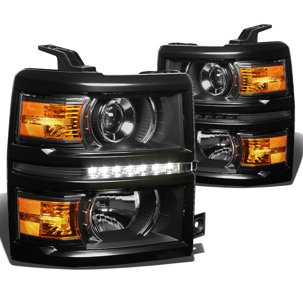 FAROS 14-15 CHEVY SILVERADO 2500 / 3500 / 14-16 SILVERADO 1500 / 2015 SILVERADO 3500 2/4-DOOR - LED - PROJECTOR - BLACK HOUSING / AMBER CORNER - H11 LOW BEAM / 9005 HIGH BEAM