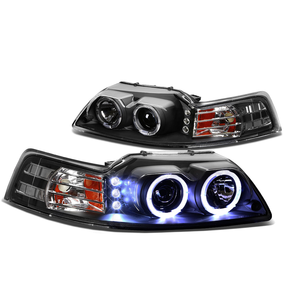 FAROS 99-04 FORD MUSTANG 2-DOOR - LED DRL - HALO PROJECTOR - BLACK HOUSING / AMBER CORNER - H1 LOW BEAM / HIGH BEAM