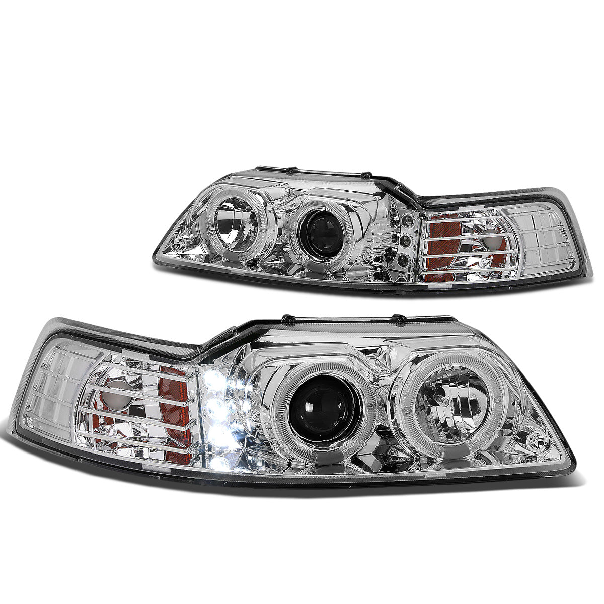 FAROS 99-04 FORD MUSTANG 2-DOOR - LED DRL - HALO PROJECTOR - CHROME HOUSING / AMBER CORNER - H1 LOW BEAM / HIGH BEAM