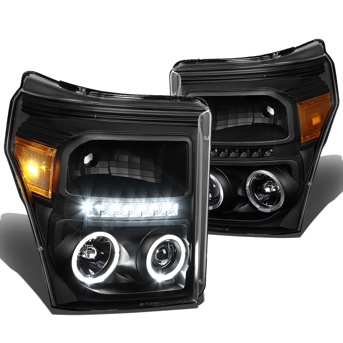 FAROS 11-16 FORD F-250, F-350, F-450, F-550 - SUPER DUTY 2/4-DOOR - LED - HALO PROJECTOR - BLACK HOUSING / AMBER CORNER - H1 LOW BEAM / HIGH BEAM