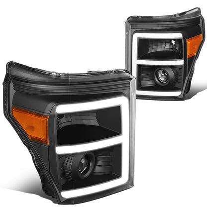 FAROS 11-16 FORD F-250, F-350, F-450, F-550 - SUPER DUTY 2/4-DOOR - LED E-BAR - HALO PROJECTOR - BLACK HOUSING / AMBER CORNER - H7 LOW BEAM / H7 HIGH BEAM / 3157A SIGNAL 2825 MARKER