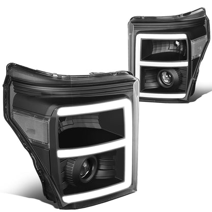 FAROS 11-16 FORD F-250, F-350, F-450, F-550 - SUPER DUTY 2/4-DOOR - LED E-BAR - HALO PROJECTOR - BLACK HOUSING / CLEAR CORNER - H7 LOW BEAM / H7 HIGH BEAM / 3157A SIGNAL 2825 MARKER
