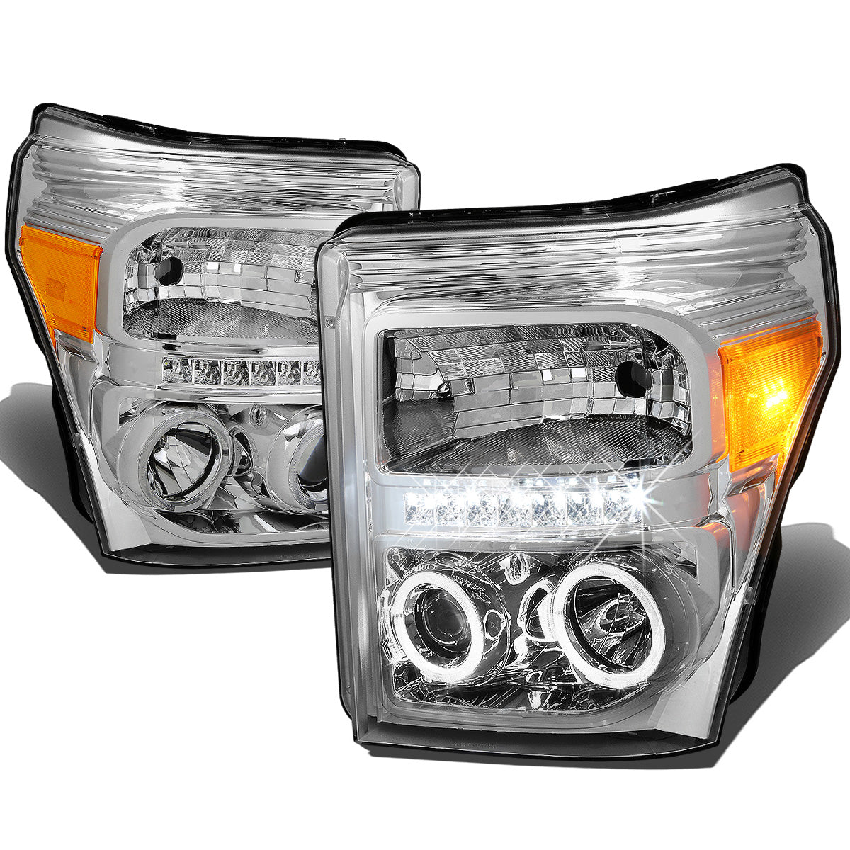 FAROS 11-16 FORD F-250, F-350, F-450, F-550 - SUPER DUTY 2/4-DOOR - LED - HALO PROJECTOR - CHROME HOUSING / AMBER CORNER - H1 LOW BEAM / HIGH BEAM
