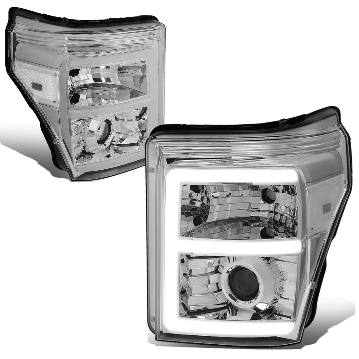 FAROS 11-16 FORD F-250, F-350, F-450, F-550 - SUPER DUTY 2/4-DOOR - LED E-BAR - HALO PROJECTOR - CHROME HOUSING / CLEAR CORNER - H7 LOW BEAM / H7 HIGH BEAM / 3157A SIGNAL 2825 MARKER