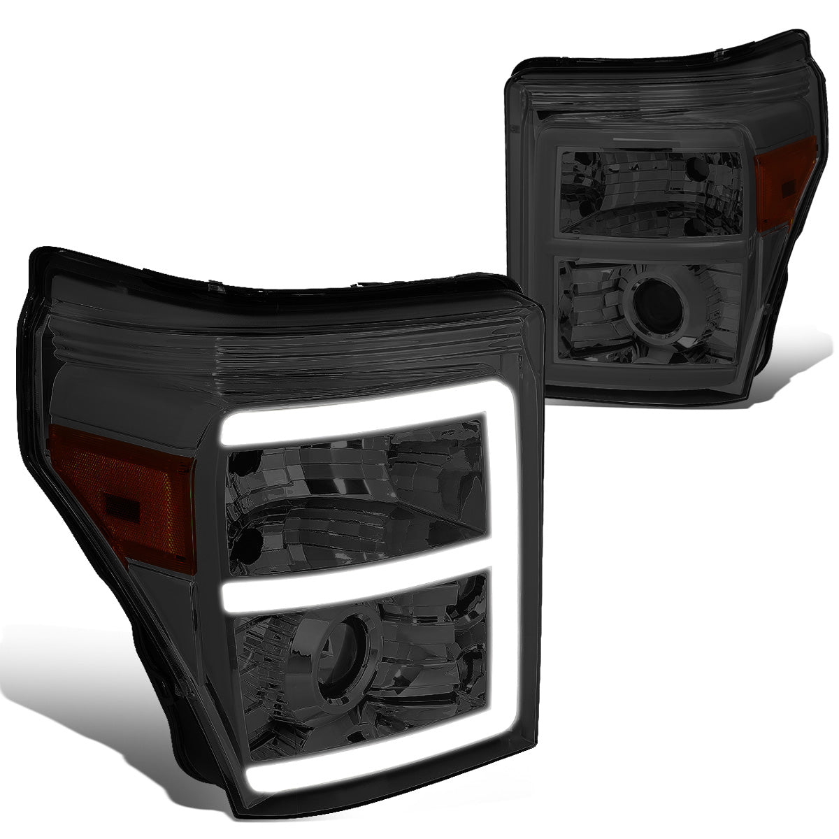 FAROS 11-16 FORD F-250, F-350, F-450, F-550 - SUPER DUTY 2/4-DOOR - LED E-BAR - HALO PROJECTOR - SMOKE HOUSING / AMBER CORNER - H7 LOW BEAM / H7 HIGH BEAM / 3157A SIGNAL 2825 MARKER