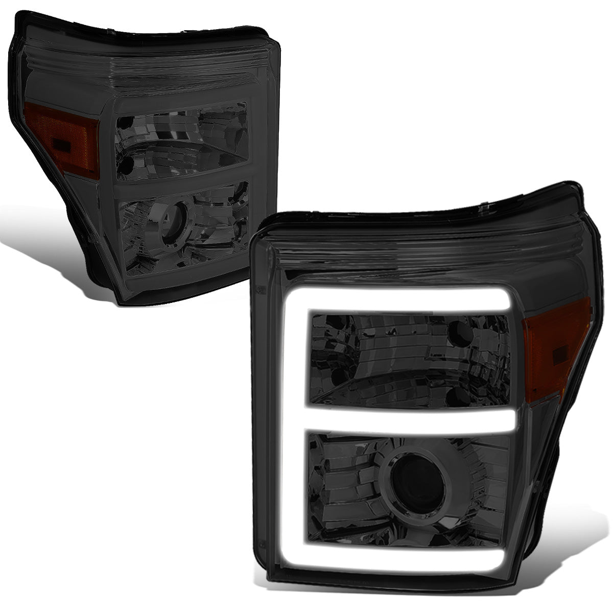 FAROS 11-16 FORD F-250, F-350, F-450, F-550 - SUPER DUTY 2/4-DOOR - LED E-BAR - HALO PROJECTOR - SMOKE HOUSING / AMBER CORNER - H7 LOW BEAM / H7 HIGH BEAM / 3157A SIGNAL 2825 MARKER