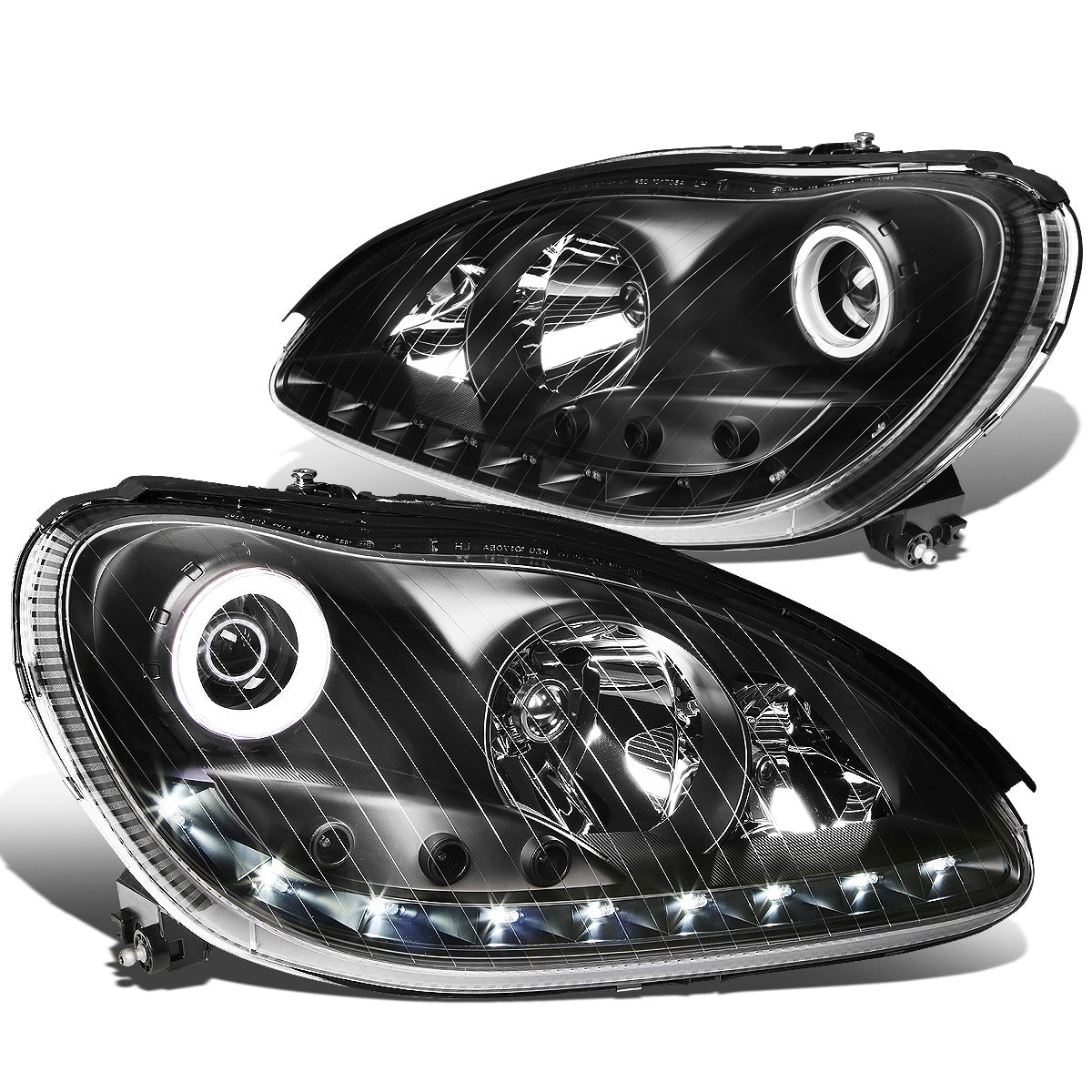 FAROS 00-06 MERCEDES BENZ S430 , S500 , S600 / 01-06 MERCEDES BENZ S55 AMG / 05-06 MERCEDES BENZ S65 AMG / 06 MERCEDES BENZ S350 4-DOOR - FITS MODELS WITH FACTORY HALOGEN HEADLIGHTS ONLY - DOES NOT FIT MODELS WITH FACTORY HIDS - LED DRL - HALO PROJ