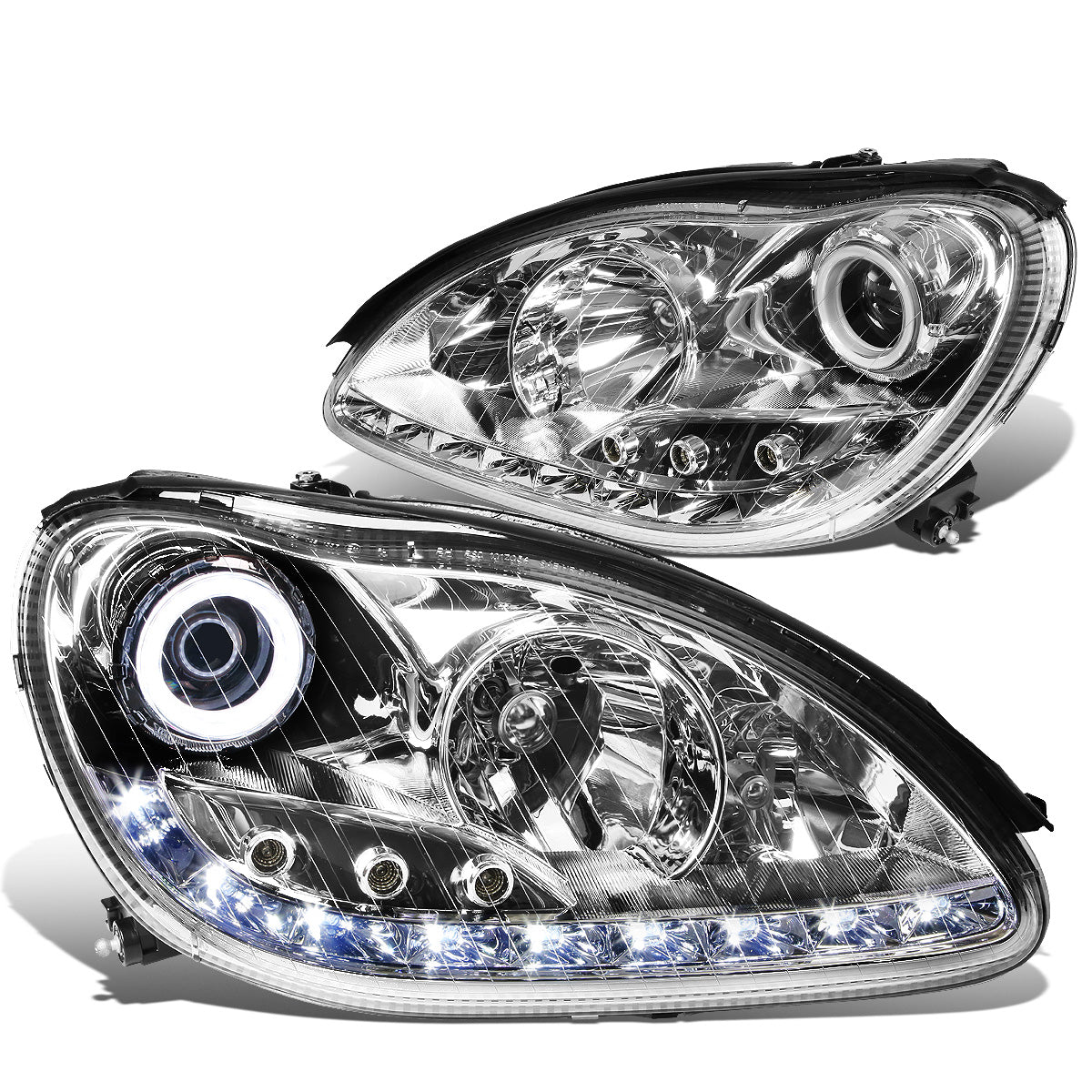 FAROS 00-06 MERCEDES BENZ S430 , S500 , S600 / 01-06 MERCEDES BENZ S55 AMG / 05-06 MERCEDES BENZ S65 AMG / 06 MERCEDES BENZ S350 4-DOOR - FITS MODELS WITH FACTORY HALOGEN HEADLIGHTS ONLY - DOES NOT FIT MODELS WITH FACTORY HIDS - LED DRL - HALO PROJ