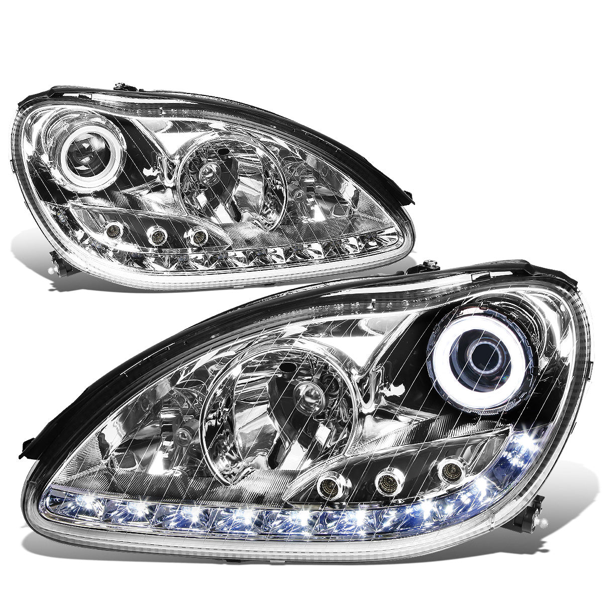 FAROS 00-06 MERCEDES BENZ S430 , S500 , S600 / 01-06 MERCEDES BENZ S55 AMG / 05-06 MERCEDES BENZ S65 AMG / 06 MERCEDES BENZ S350 4-DOOR - FITS MODELS WITH FACTORY HALOGEN HEADLIGHTS ONLY - DOES NOT FIT MODELS WITH FACTORY HIDS - LED DRL - HALO PROJ