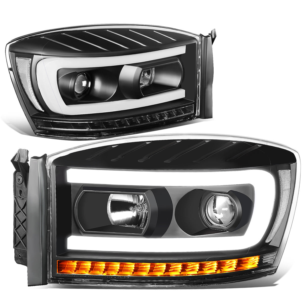 FAROS 06-08 DODGE RAM 1500 / 06-09 DODGE RAM 2500, 3500 - FITS MODELS WITH HALOGEN HEADLAMPS ONLY - LED DRL - PROJECTOR - BLACK HOUSING / CLEAR CORNER - H1 LOW BEAM / H1 HIGH BEAM / INTEGRATED LED SIGNAL & MARKER