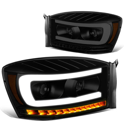 FAROS 06-08 DODGE RAM 1500 / 06-09 DODGE RAM 2500, 3500 - FITS MODELS WITH HALOGEN HEADLAMPS ONLY - LED DRL - PROJECTOR - BLACK HOUSING / SMOKE LENS / AMBER CORNER - H1 LOW BEAM / H1 HIGH BEAM / INTEGRATED LED SIGNAL & MARKER