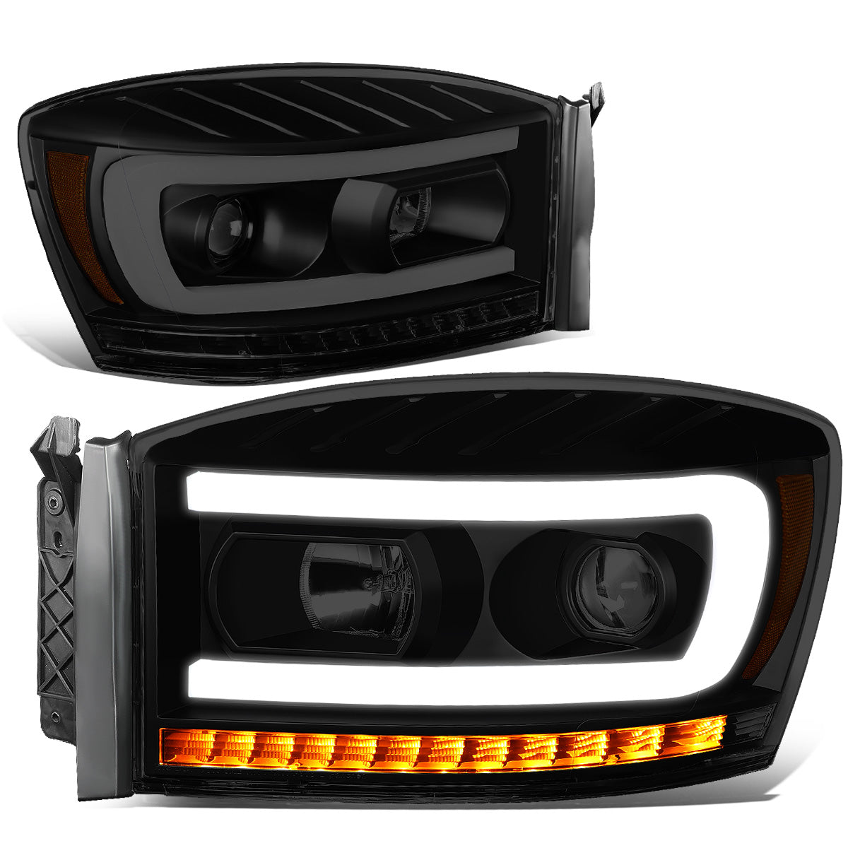 FAROS 06-08 DODGE RAM 1500 / 06-09 DODGE RAM 2500, 3500 - FITS MODELS WITH HALOGEN HEADLAMPS ONLY - LED DRL - PROJECTOR - BLACK HOUSING / SMOKE LENS / AMBER CORNER - H1 LOW BEAM / H1 HIGH BEAM / INTEGRATED LED SIGNAL & MARKER