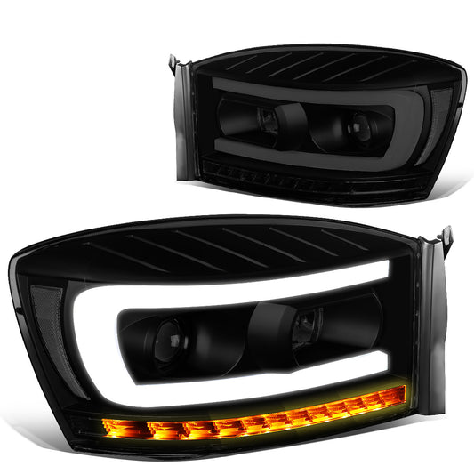 FAROS 06-08 DODGE RAM 1500 / 06-09 DODGE RAM 2500, 3500 - FITS MODELS WITH HALOGEN HEADLAMPS ONLY - LED DRL - PROJECTOR - BLACK HOUSING / SMOKED LENS / CLEAR CORNER - H1 LOW BEAM / H1 HIGH BEAM / INTEGRATED LED SIGNAL & MARKER
