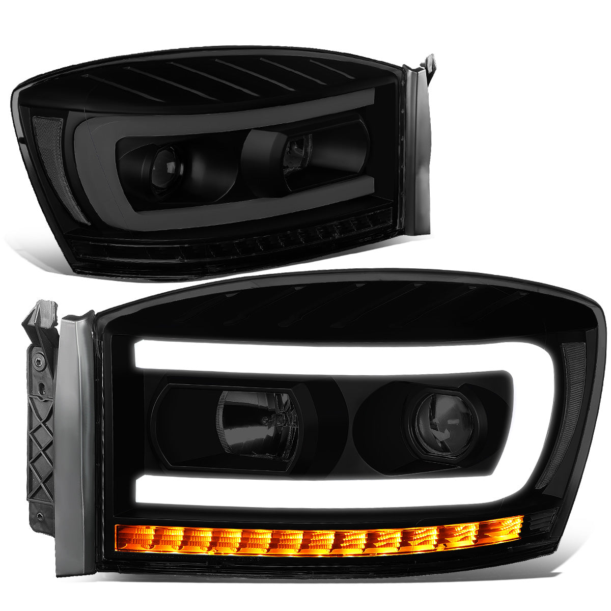 FAROS 06-08 DODGE RAM 1500 / 06-09 DODGE RAM 2500, 3500 - FITS MODELS WITH HALOGEN HEADLAMPS ONLY - LED DRL - PROJECTOR - BLACK HOUSING / SMOKED LENS / CLEAR CORNER - H1 LOW BEAM / H1 HIGH BEAM / INTEGRATED LED SIGNAL & MARKER