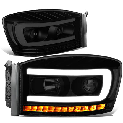 FAROS 06-08 DODGE RAM 1500 / 06-09 DODGE RAM 2500, 3500 - FITS MODELS WITH HALOGEN HEADLAMPS ONLY - LED DRL - PROJECTOR - BLACK HOUSING / SMOKED LENS / CLEAR CORNER - H1 LOW BEAM / H1 HIGH BEAM / INTEGRATED LED SIGNAL & MARKER
