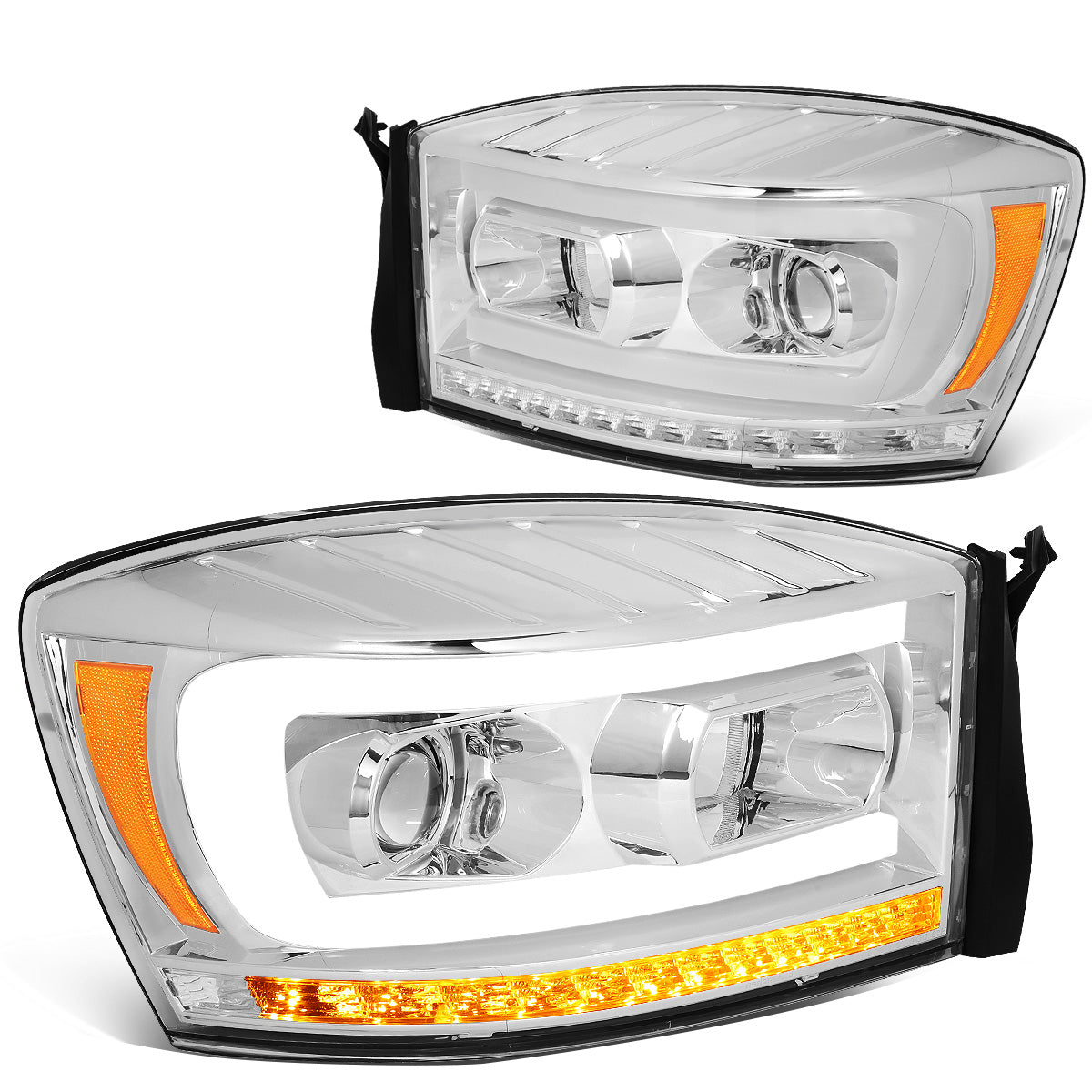 FAROS 06-08 DODGE RAM 1500 / 06-09 DODGE RAM 2500, 3500 - FITS MODELS WITH HALOGEN HEADLAMPS ONLY - LED DRL - PROJECTOR - CHROME HOUSING / AMBER CORNER - H1 LOW BEAM / H1 HIGH BEAM / INTEGRATED LED SIGNAL & MARKER