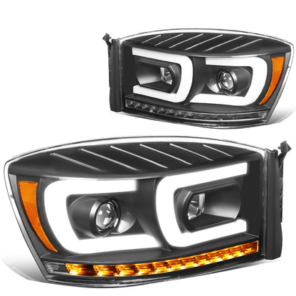 FAROS 06-08 DODGE RAM 1500 / 06-09 DODGE RAM 2500, 3500 - FITS MODELS WITH HALOGEN HEADLAMPS ONLY - DUAL LED DRL - PROJECTOR - BLACK HOUSING / AMBER CORNER - H1 LOW BEAM / H1 HIGH BEAM / INTEGRATED LED SIGNAL & MARKER