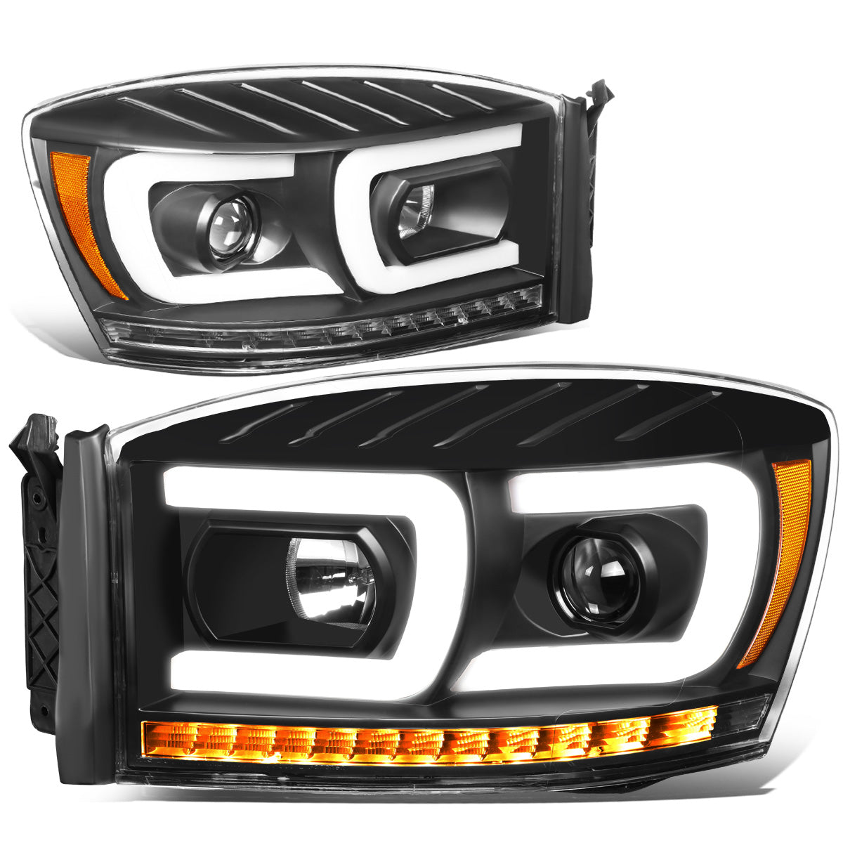 FAROS 06-08 DODGE RAM 1500 / 06-09 DODGE RAM 2500, 3500 - FITS MODELS WITH HALOGEN HEADLAMPS ONLY - DUAL LED DRL - PROJECTOR - BLACK HOUSING / AMBER CORNER - H1 LOW BEAM / H1 HIGH BEAM / INTEGRATED LED SIGNAL & MARKER