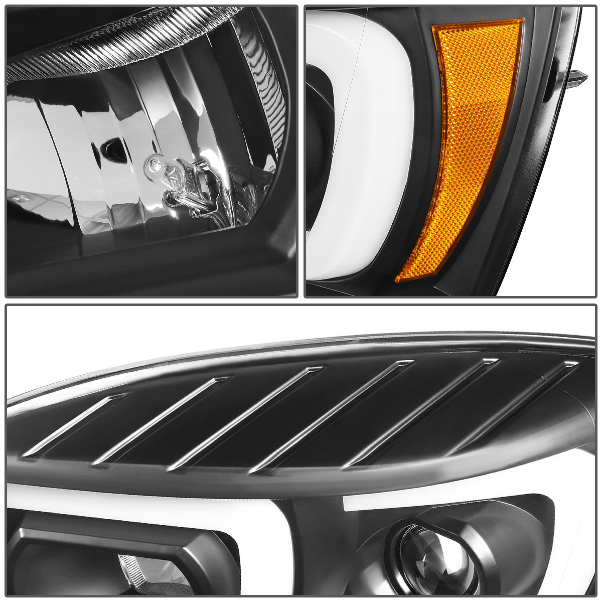 FAROS 06-08 DODGE RAM 1500 / 06-09 DODGE RAM 2500, 3500 - FITS MODELS WITH HALOGEN HEADLAMPS ONLY - DUAL LED DRL - PROJECTOR - BLACK HOUSING / AMBER CORNER - H1 LOW BEAM / H1 HIGH BEAM / INTEGRATED LED SIGNAL & MARKER