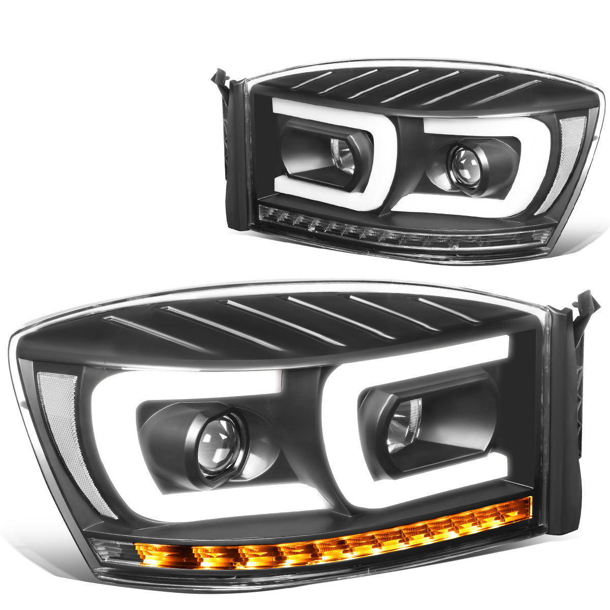 FAROS 06-08 DODGE RAM 1500 / 06-09 DODGE RAM 2500, 3500 - FITS MODELS WITH HALOGEN HEADLAMPS ONLY - DUAL LED DRL - PROJECTOR - BLACK HOUSING / CLEAR CORNER - H1 LOW BEAM / H1 HIGH BEAM / INTEGRATED LED SIGNAL & MARKER