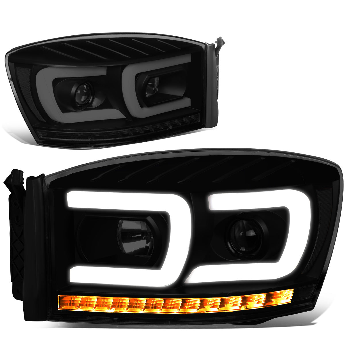 FAROS 06-08 DODGE RAM 1500 / 06-09 DODGE RAM 2500, 3500 - FITS MODELS WITH HALOGEN HEADLAMPS ONLY - DUAL LED DRL - PROJECTOR - BLACK HOUSING / SMOKE LENS / CLEAR CORNER - H1 LOW BEAM / H1 HIGH BEAM / INTEGRATED LED SIGNAL & MARKER