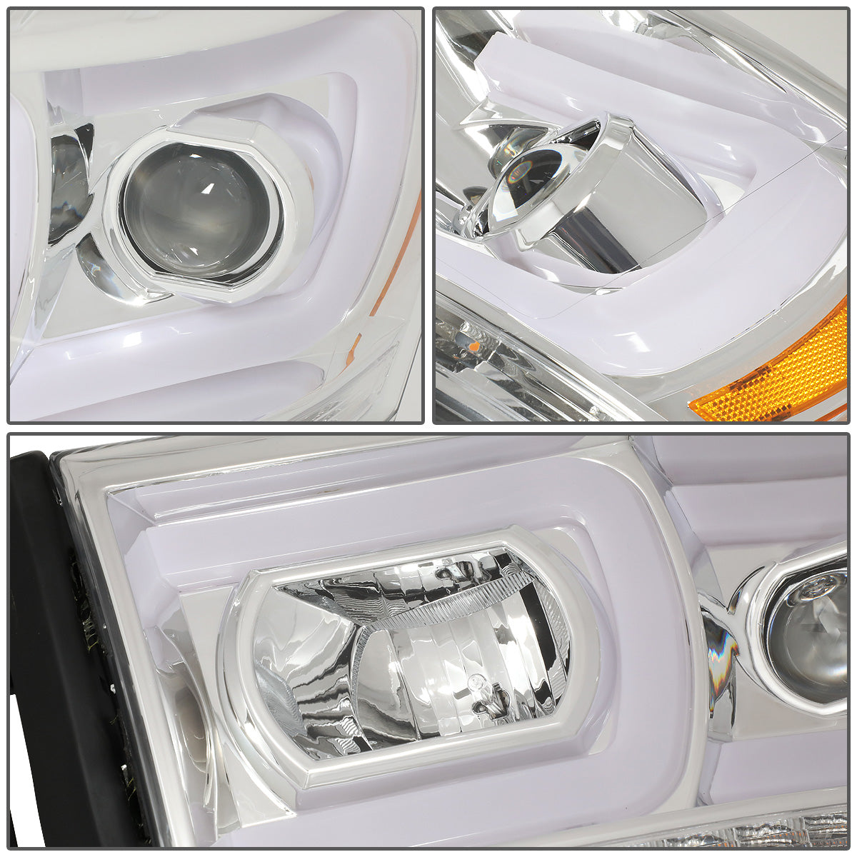 FAROS 06-08 DODGE RAM 1500 / 06-09 DODGE RAM 2500, 3500 - FITS MODELS WITH HALOGEN HEADLAMPS ONLY - DUAL LED DRL - PROJECTOR - CHROME HOUSING / AMBER CORNER - H1 LOW BEAM / H1 HIGH BEAM / INTEGRATED LED SIGNAL & MARKER