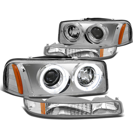 FAROS 99-07 GMC SIERRA , YUKON 4-DOOR - LED - DUAL HALO PROJECTOR - CHROME HOUSING / AMBER CORNER - 9005 LOW BEAM / HIGH BEAM