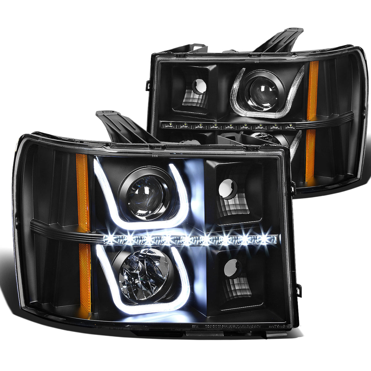 FAROS 07-13 GMC SIERRA 1500, 2500HD, 3500HD 2/4-DOOR - LED - U-BAR HALO PROJECTOR - BLACK HOUSING / AMBER CORNER - H11 LOW BEAM / 9005 HIGH BEAM