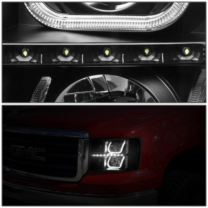 FAROS 07-13 GMC SIERRA 1500, 2500HD, 3500HD 2/4-DOOR - LED - U-BAR HALO PROJECTOR - BLACK HOUSING / CLEAR CORNER - H11 LOW BEAM / 9005 HIGH BEAM