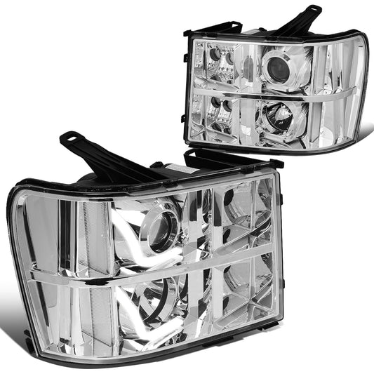 FAROS 07-13 GMC SIERRA 1500, 2500HD, 3500HD 2/4-DOOR - L-BAR HALO PROJECTOR - CHROME HOUSING / CLEAR CORNER - H11 LOW BEAM / 9005 HIGH BEAM