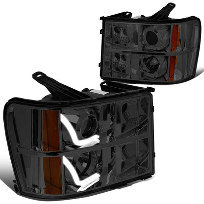 FAROS 07-13 GMC SIERRA 1500, 2500HD, 3500HD 2/4-DOOR - L-BAR HALO PROJECTOR - SMOKE HOUSING / AMBER CORNER - H11 LOW BEAM / 9005 HIGH BEAM