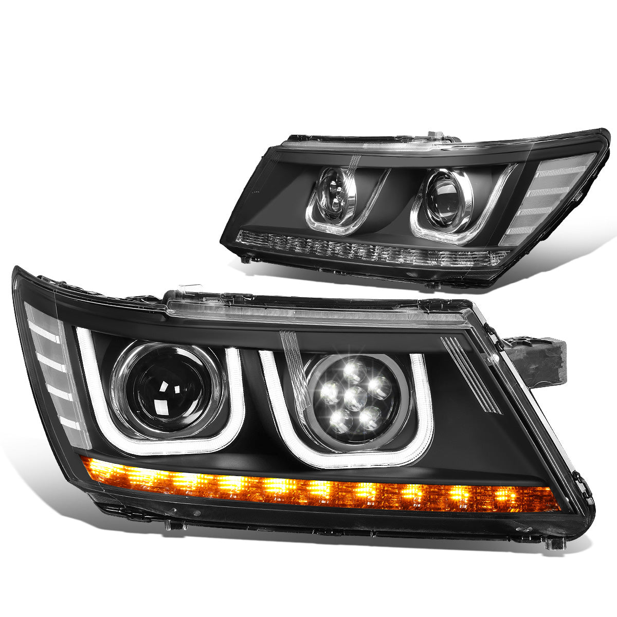 FAROS 09-17 DODGE JOURNEY 4-DOOR - LED U-BAR DRL - HALO PROJECTOR LOW BEAM / 5 LED HIGH BEAM - BLACK HOUSING / CLEAR CORNER - H7 LOW BEAM