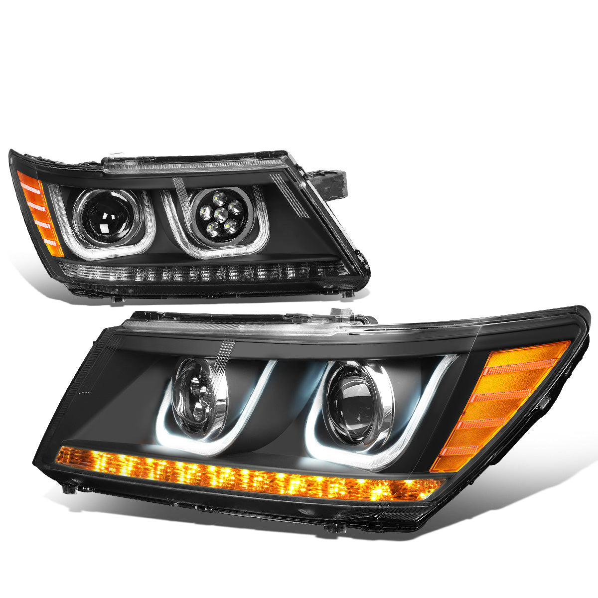FAROS 09-17 DODGE JOURNEY 4-DOOR - LED U-BAR DRL - HALO PROJECTOR LOW BEAM / 5 LED HIGH BEAM - BLACK HOUSING / AMBER CORNER - H7 LOW BEAM