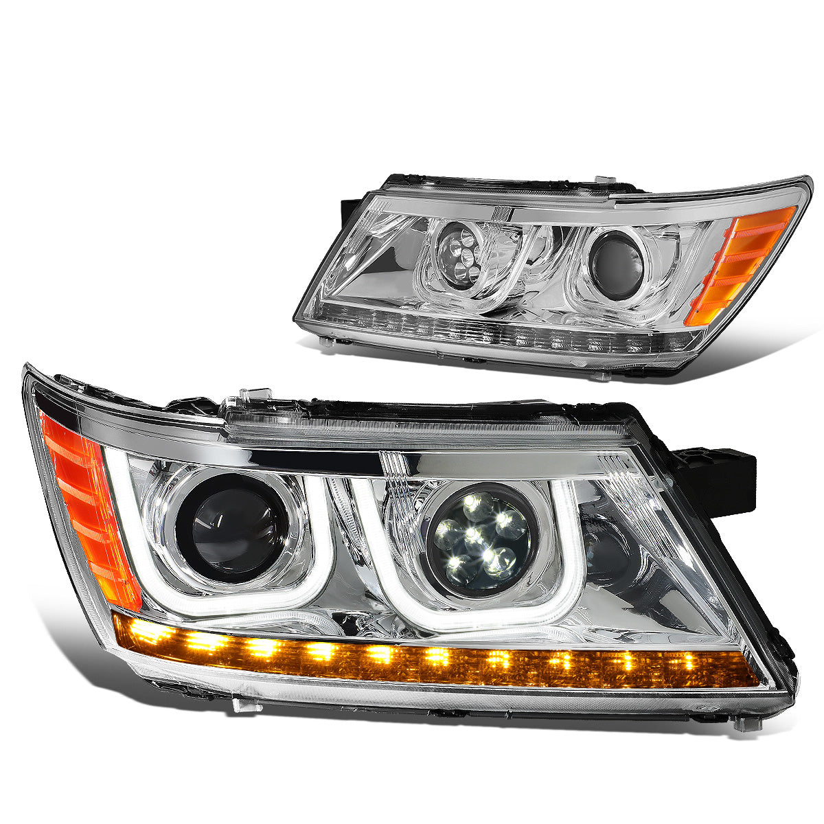 FAROS 09-17 DODGE JOURNEY 4-DOOR - LED U-BAR DRL - HALO PROJECTOR LOW BEAM / 5 LED HIGH BEAM - CHROME HOUSING / AMBER CORNER - H7 LOW BEAM