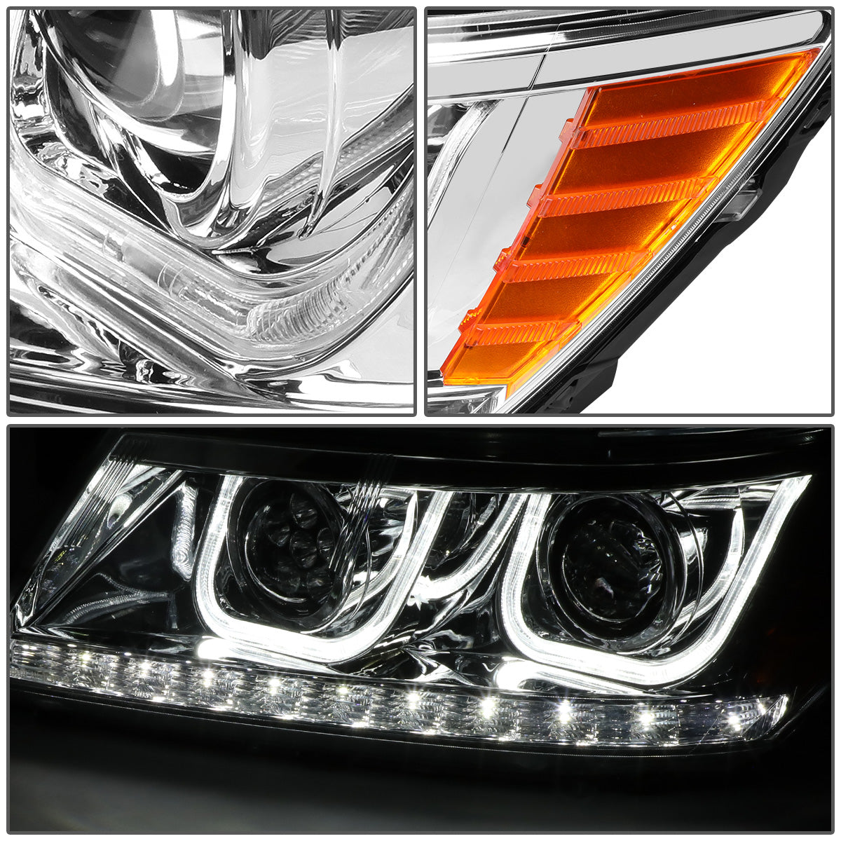 FAROS 09-17 DODGE JOURNEY 4-DOOR - LED U-BAR DRL - HALO PROJECTOR LOW BEAM / 5 LED HIGH BEAM - CHROME HOUSING / AMBER CORNER - H7 LOW BEAM